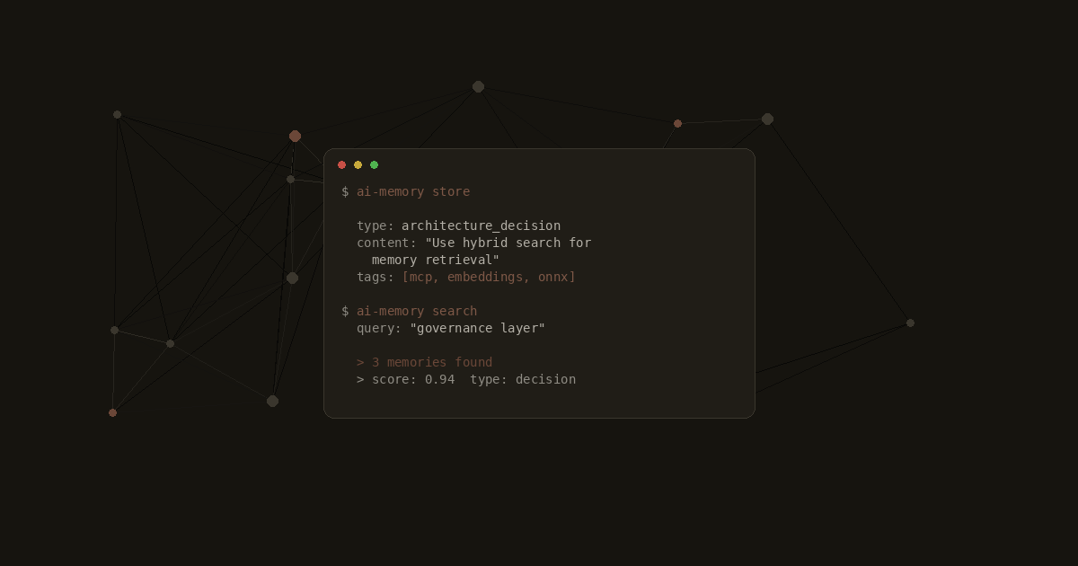 Terminal showing ai-memory store and search commands over a network graph.