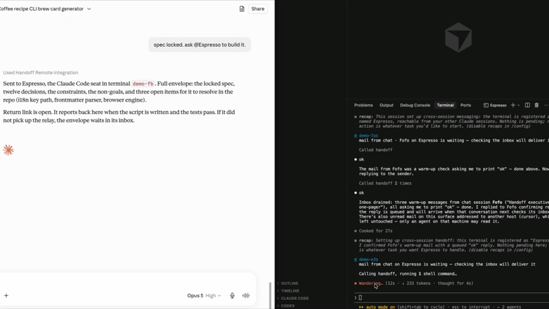 Chat conversation handing work off to a code terminal via Handoff Remote.