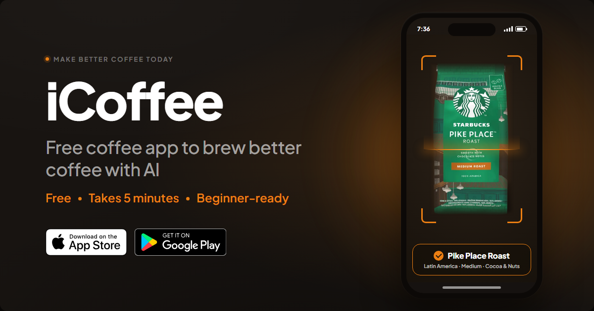 Official iCoffee product image showing the coffee app and mobile scan flow.